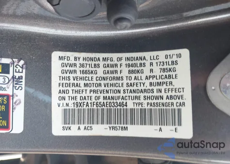 2010 Honda Civic Lx-S z USA, uszkodzony, nr VIN 19XFA1F65AE033464